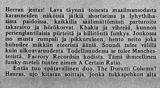 The Durutti Column live at Kaivopuisto Park, Helsinki, 24 July 1981; review in Finnish
