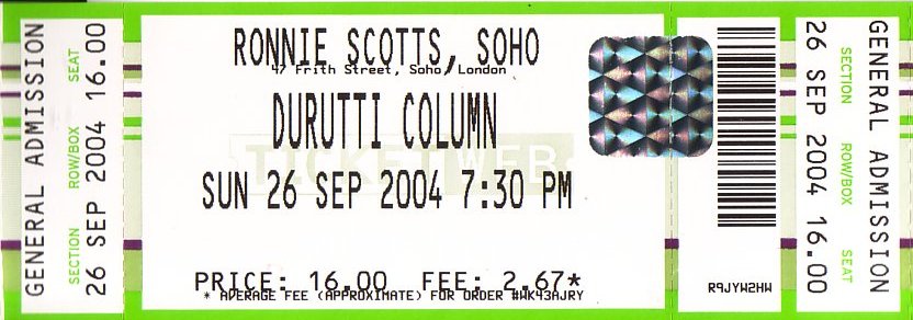 The Durutti Column - Ronnie Scott's, London, 26 September 2004; ticket
