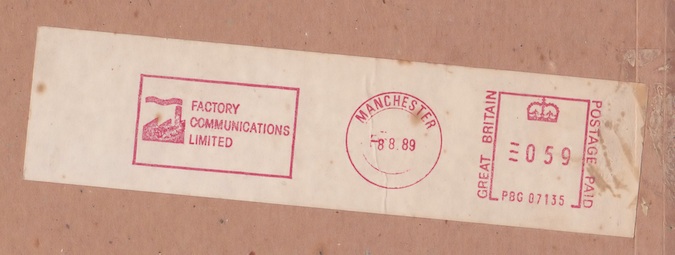 Red ink postal frank-type stamp Factory Communications Limited logo