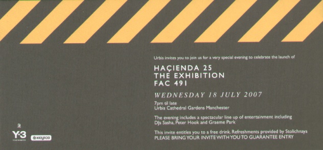Hacienda 25: The Exhibition - FAC 491; opening party invitation (front)