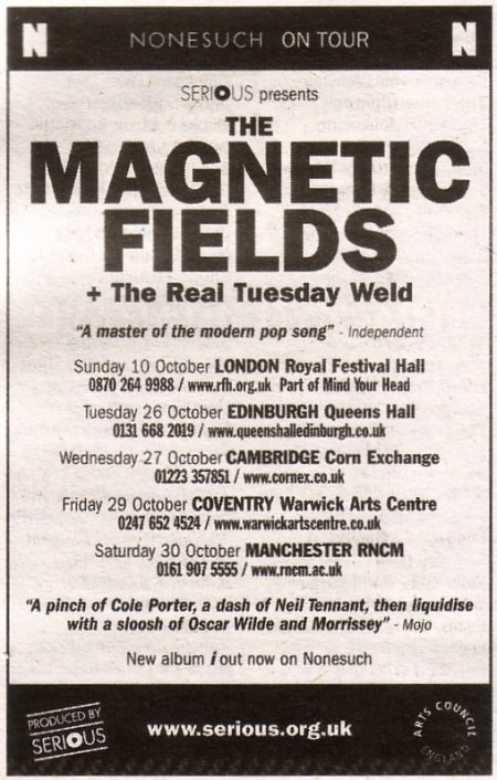 The Magnetic Fields - European Tour October 2004; press advertising for UK gigs