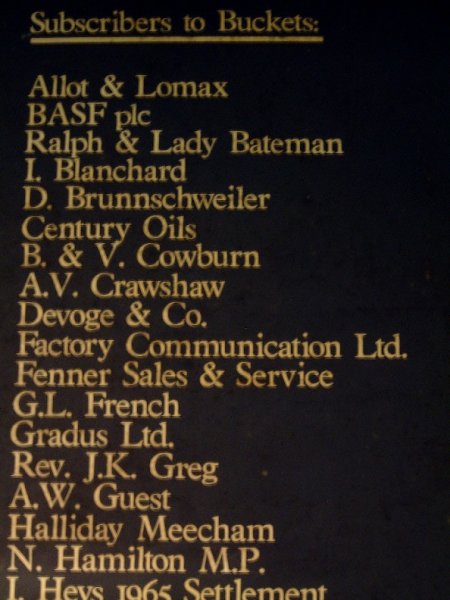 FAC 148 Quarry Bank Mill water wheel bucket; the list of sponsors (detail)