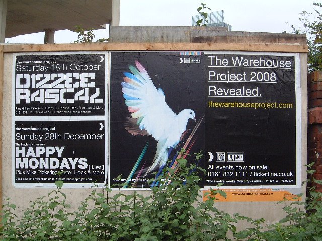 Happy Mondays Live at The Warehouse Project with Special Guests Mike Pickering, Peter Hook (New Order) and Jon Dasilva - Sunday 28 December 2008; street posters