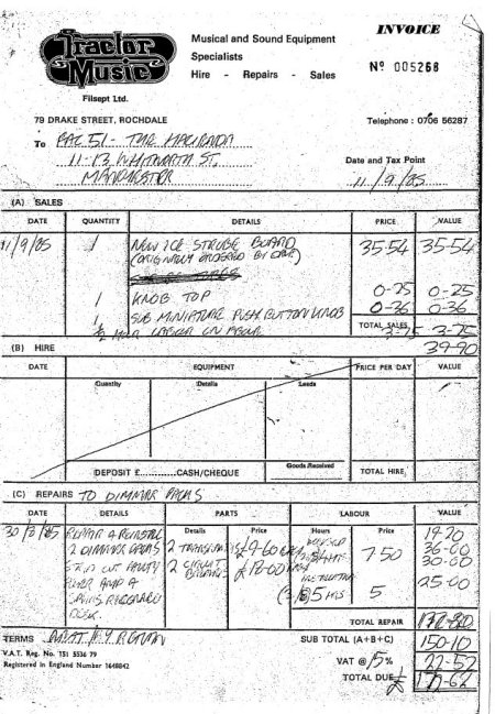 FAC 51 The Hacienda; invoices from Tractor Music for sound and lighting repairs [1 of 3]