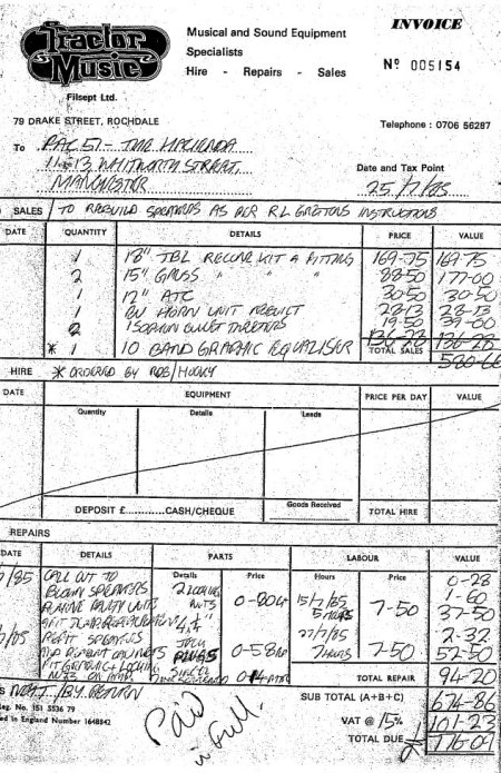 FAC 51 The Hacienda; invoices from Tractor Music for sound and lighting repairs [2 of 3]