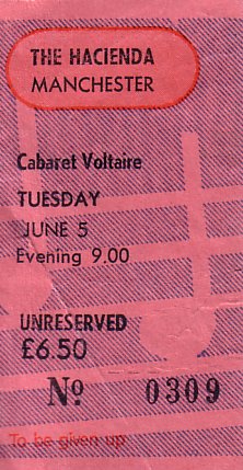 Fac 51 The Hacienda; Cabaret Voltaire; Tuesday June 5; front detail of ticket