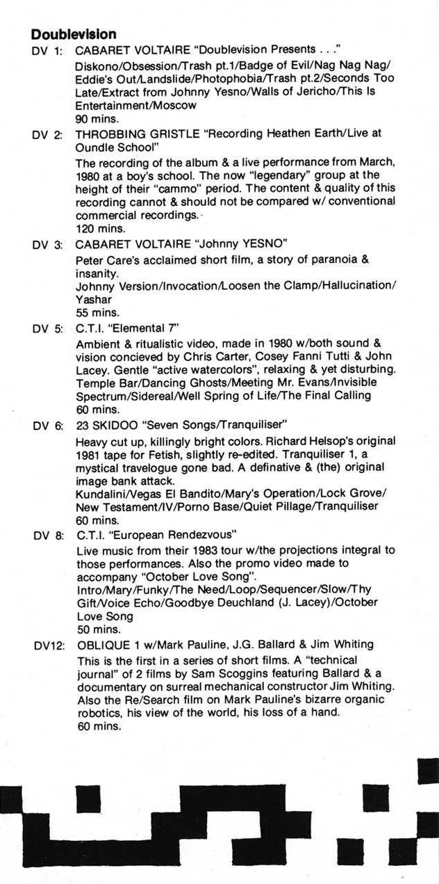 Of Factory New York mail order catalogue; detail of contents [4 of 6] including Doublevision releases for Cabaret Voltaire