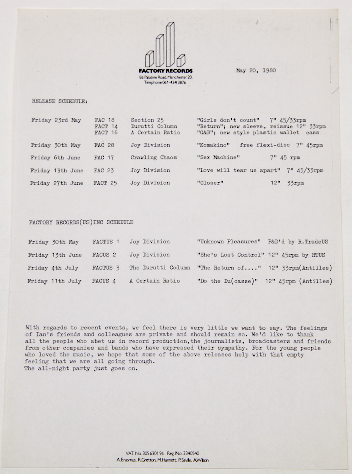 May 1980 release schedule on Factory Records stationery